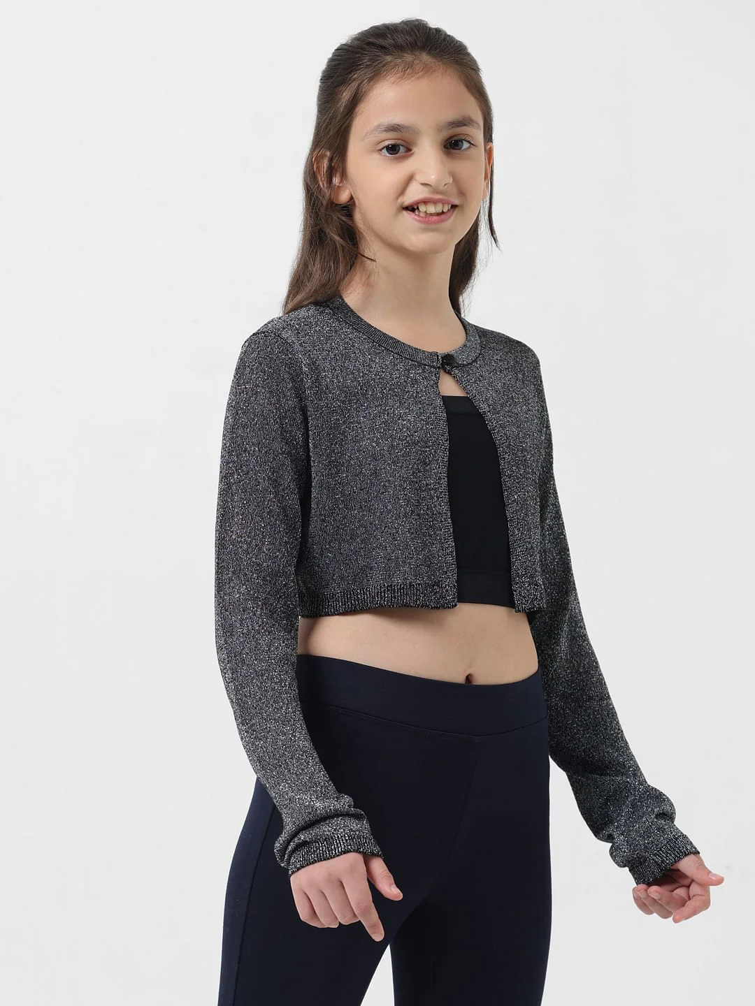 Girl Black Glitter Flat Knit Cardigan - Image 2