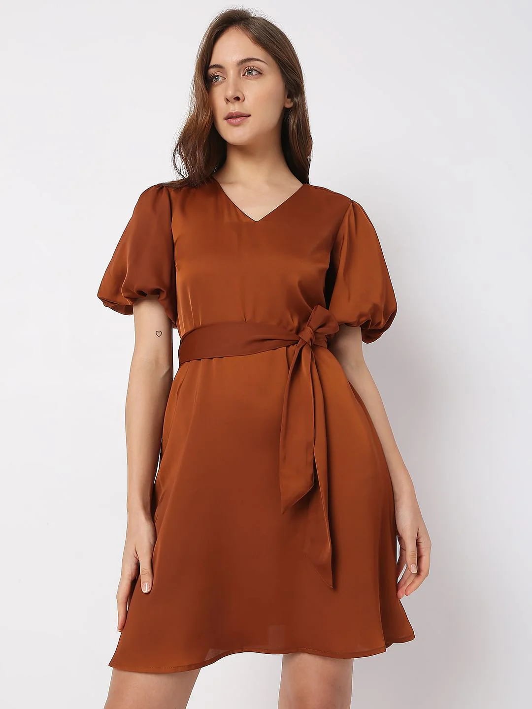Brown Puff Sleeves Dress - Image 2