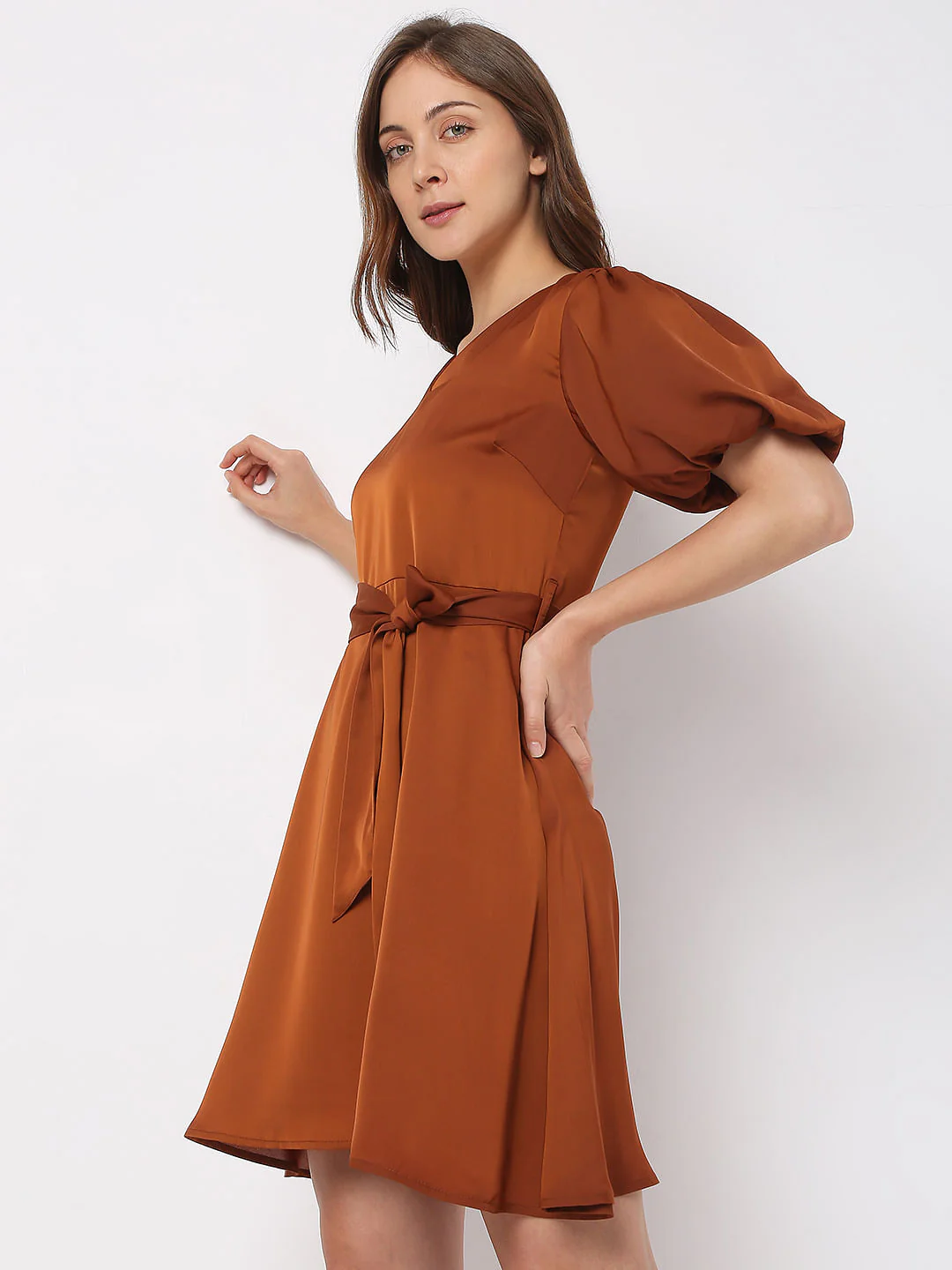Brown Puff Sleeves Dress - Image 3