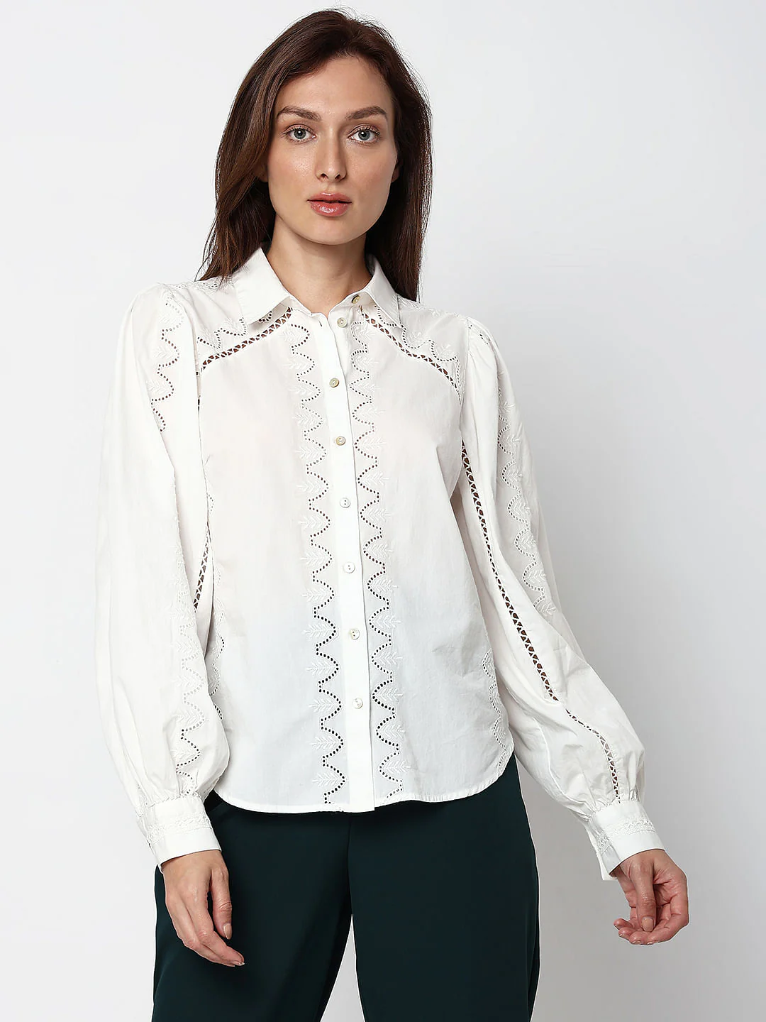 White Schiffli Detail Cotton Shirt - Image 2