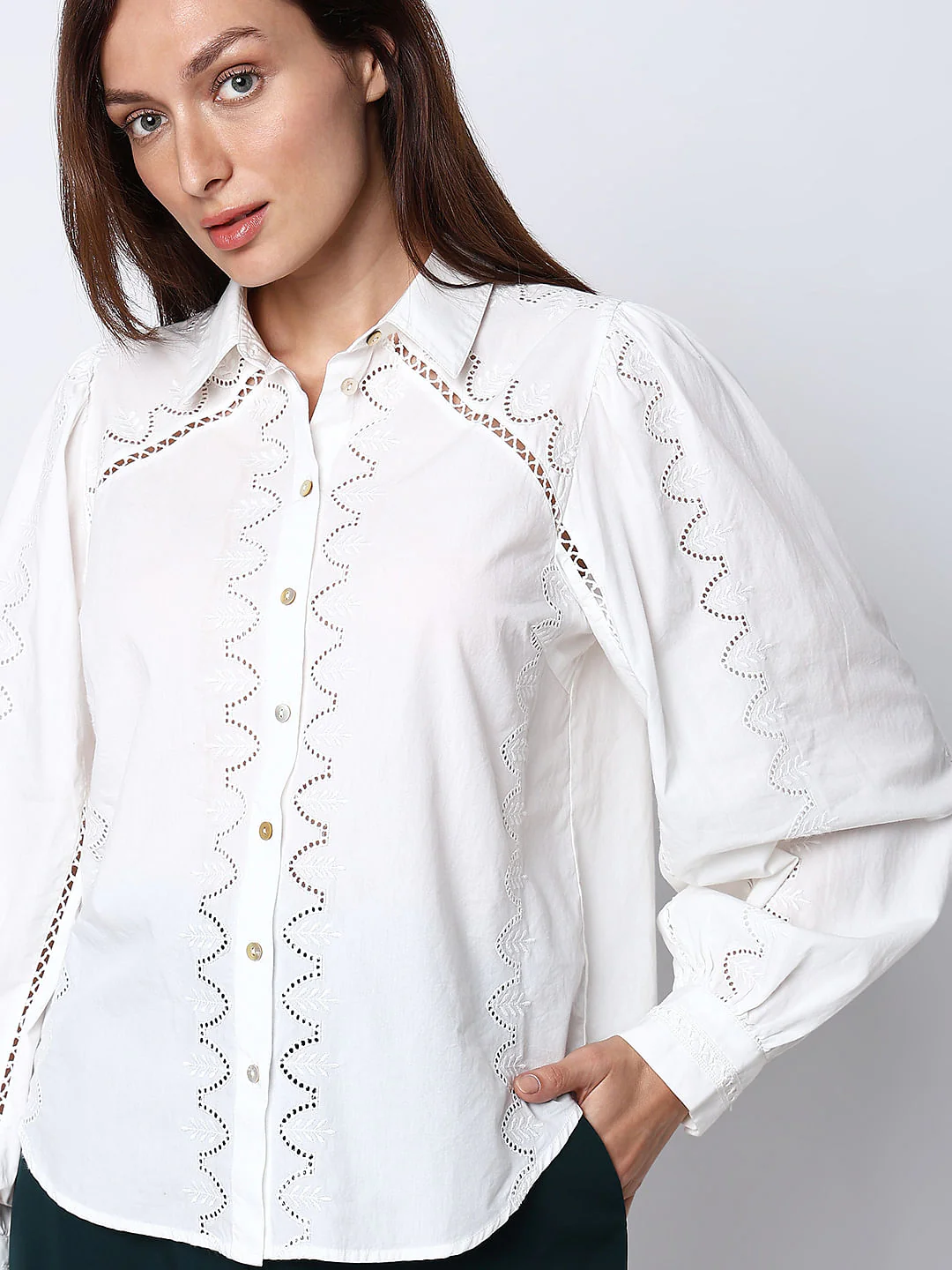 White Schiffli Detail Cotton Shirt - Image 6