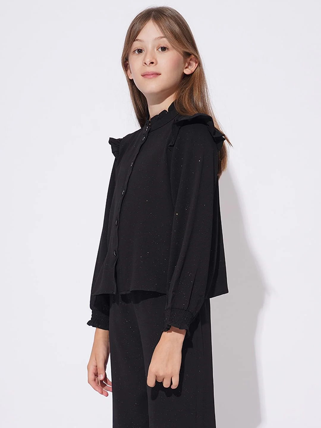 Girls Black Shimmer Co-Ord Set Shirt - Image 2