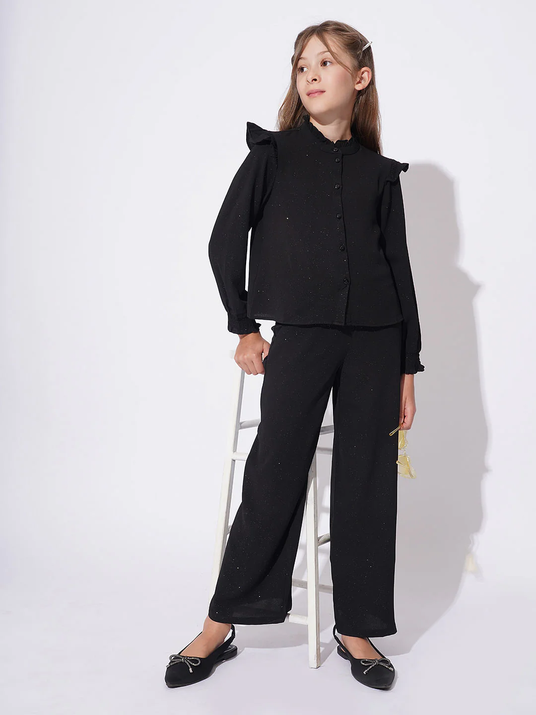 Girls Black Shimmer Co-Ord Set Shirt - Image 5