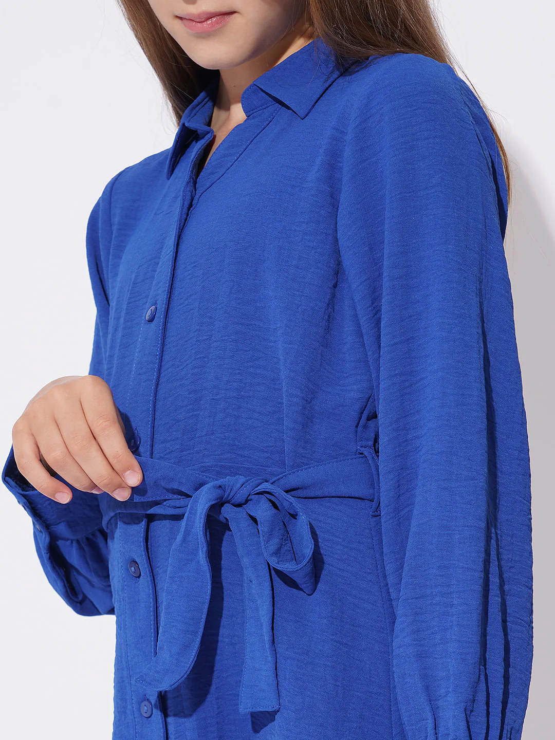 Girls Blue Short Shirt Dress - Image 4
