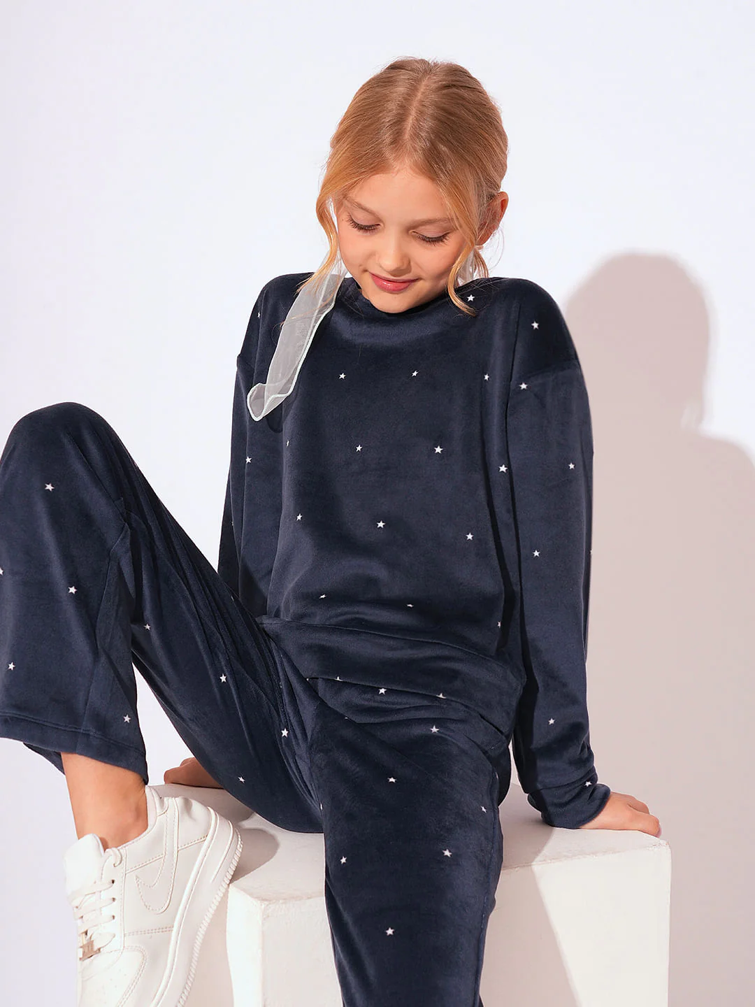 Girls Blue Velvet Co-Ord Set Top