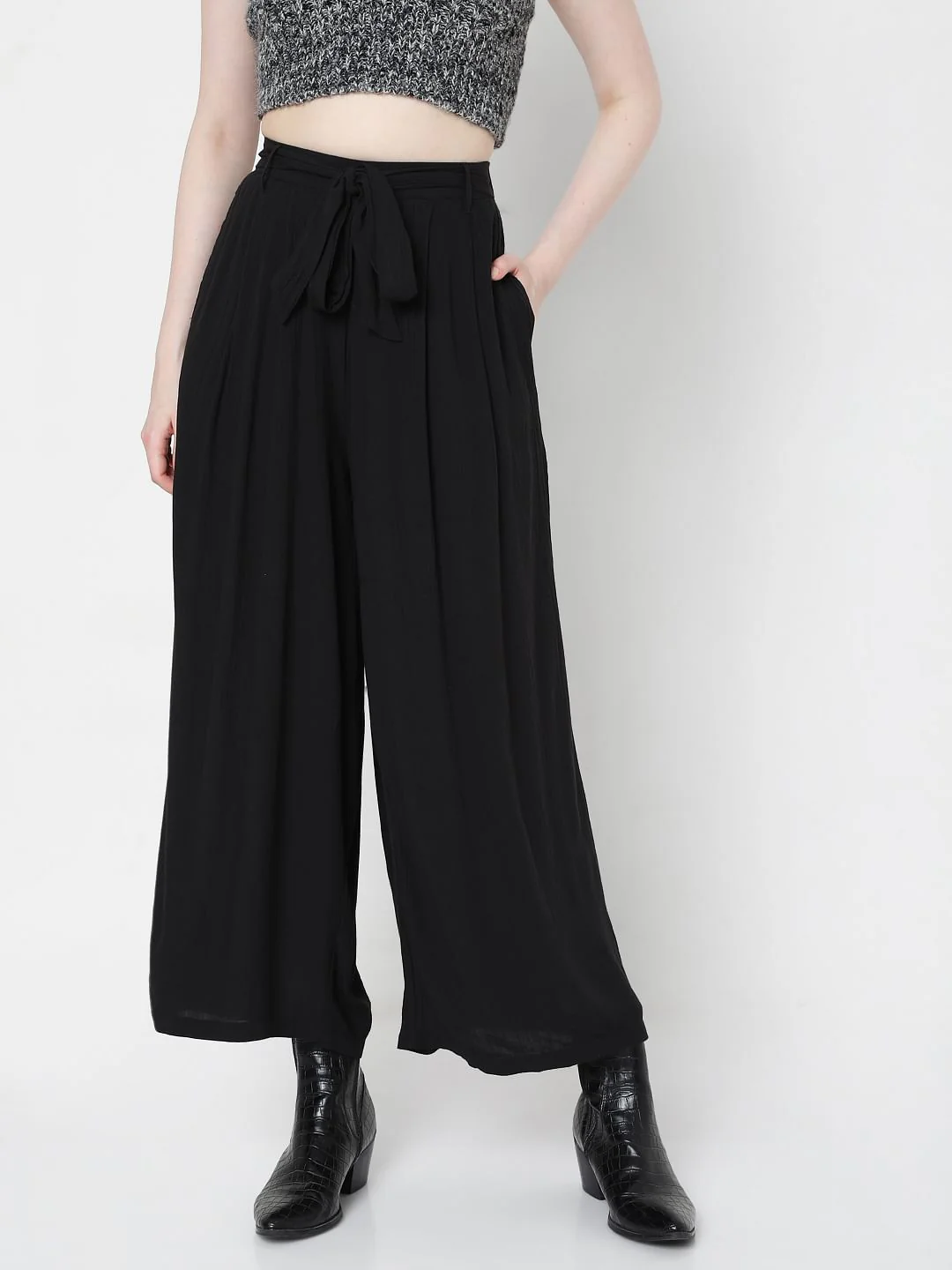 Black High Rise Tie Up Palazzo Pants - Image 2