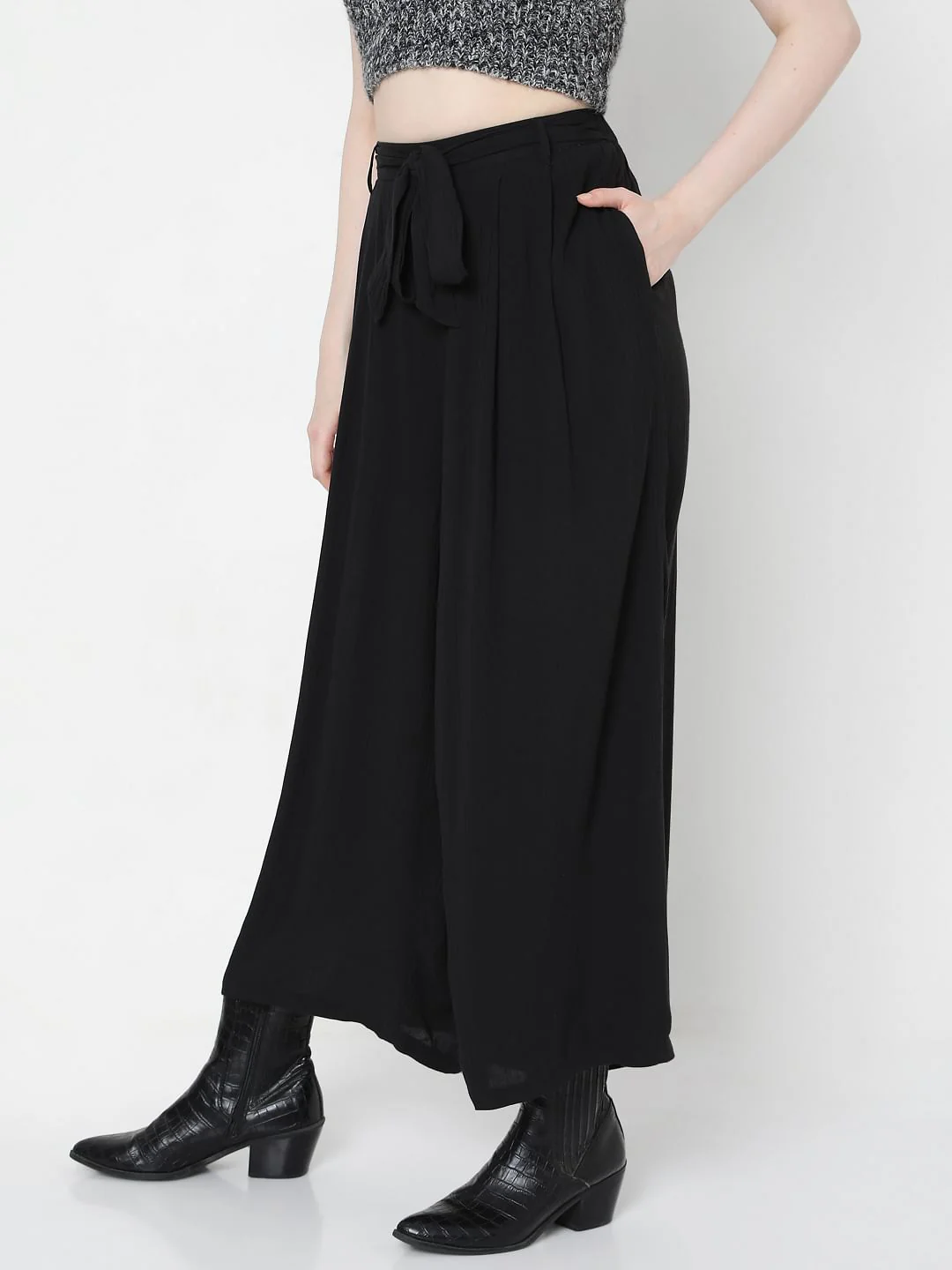 Black High Rise Tie Up Palazzo Pants - Image 3