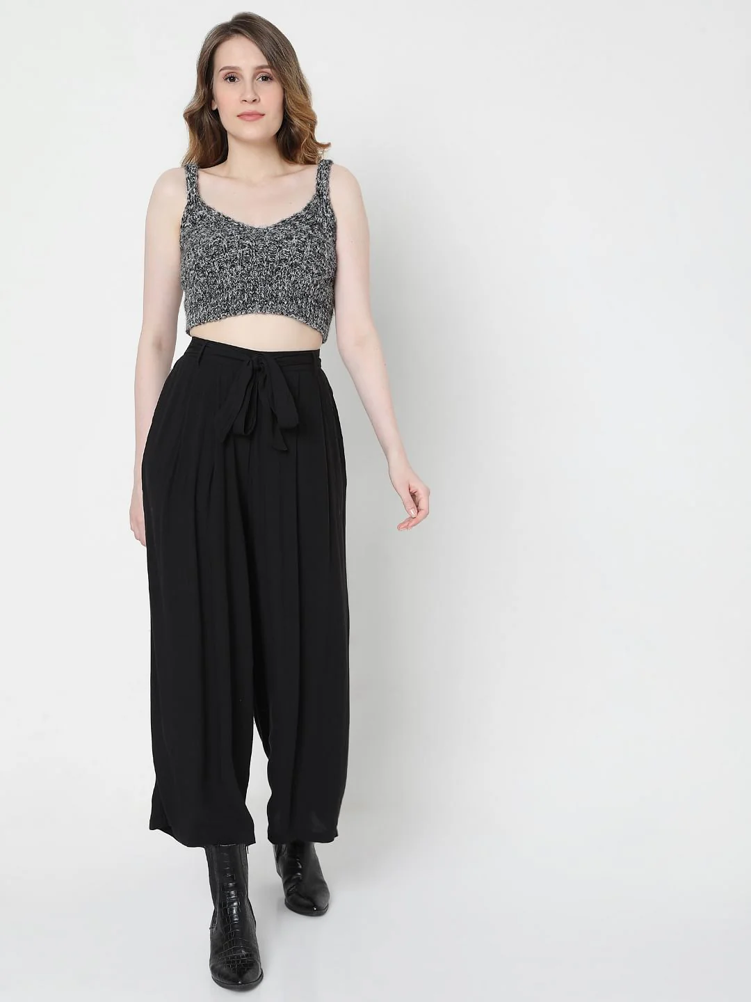 Black High Rise Tie Up Palazzo Pants - Image 6