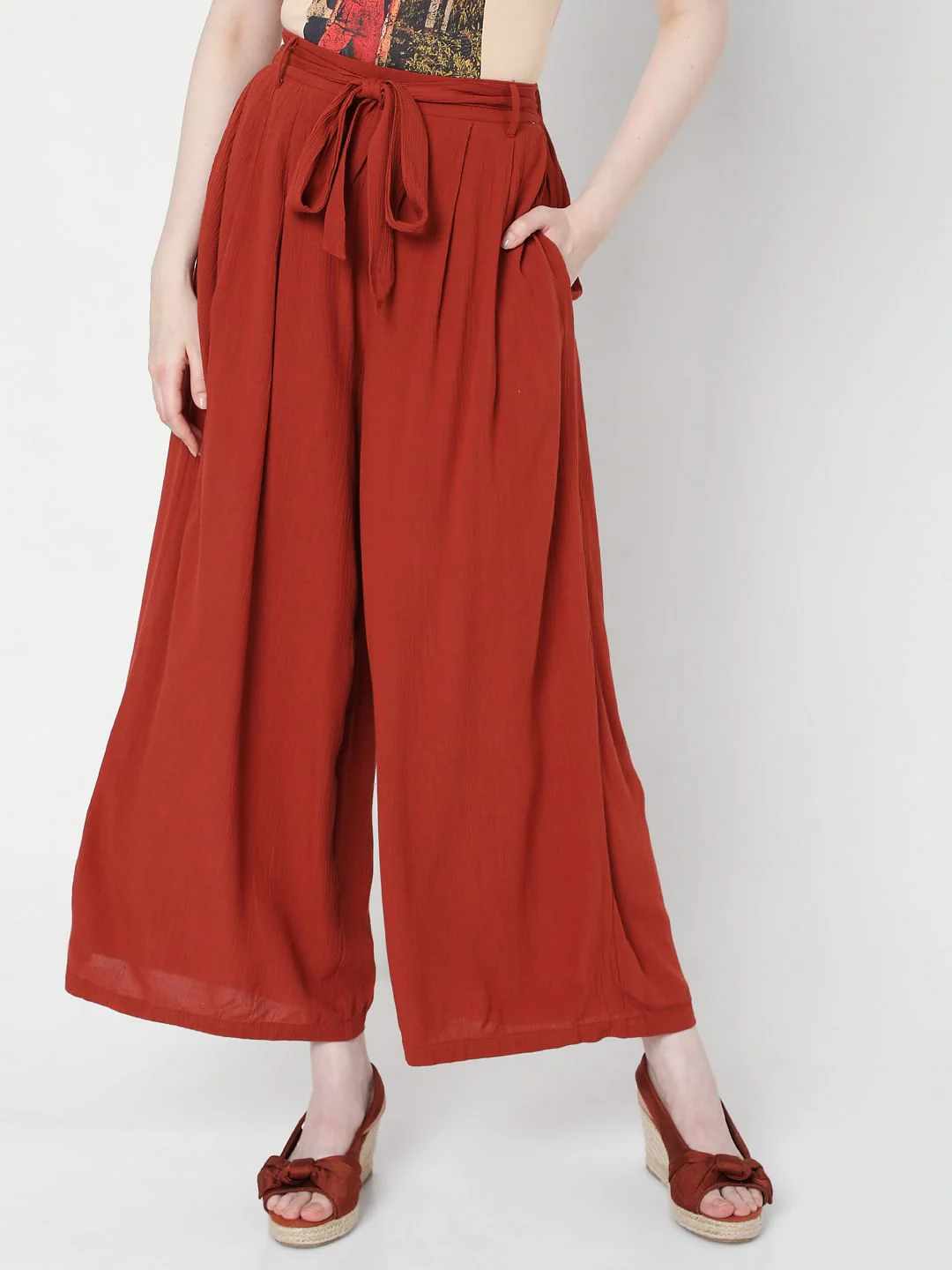 Brick Red High Rise Tie Up Palazzo Pants - Image 2