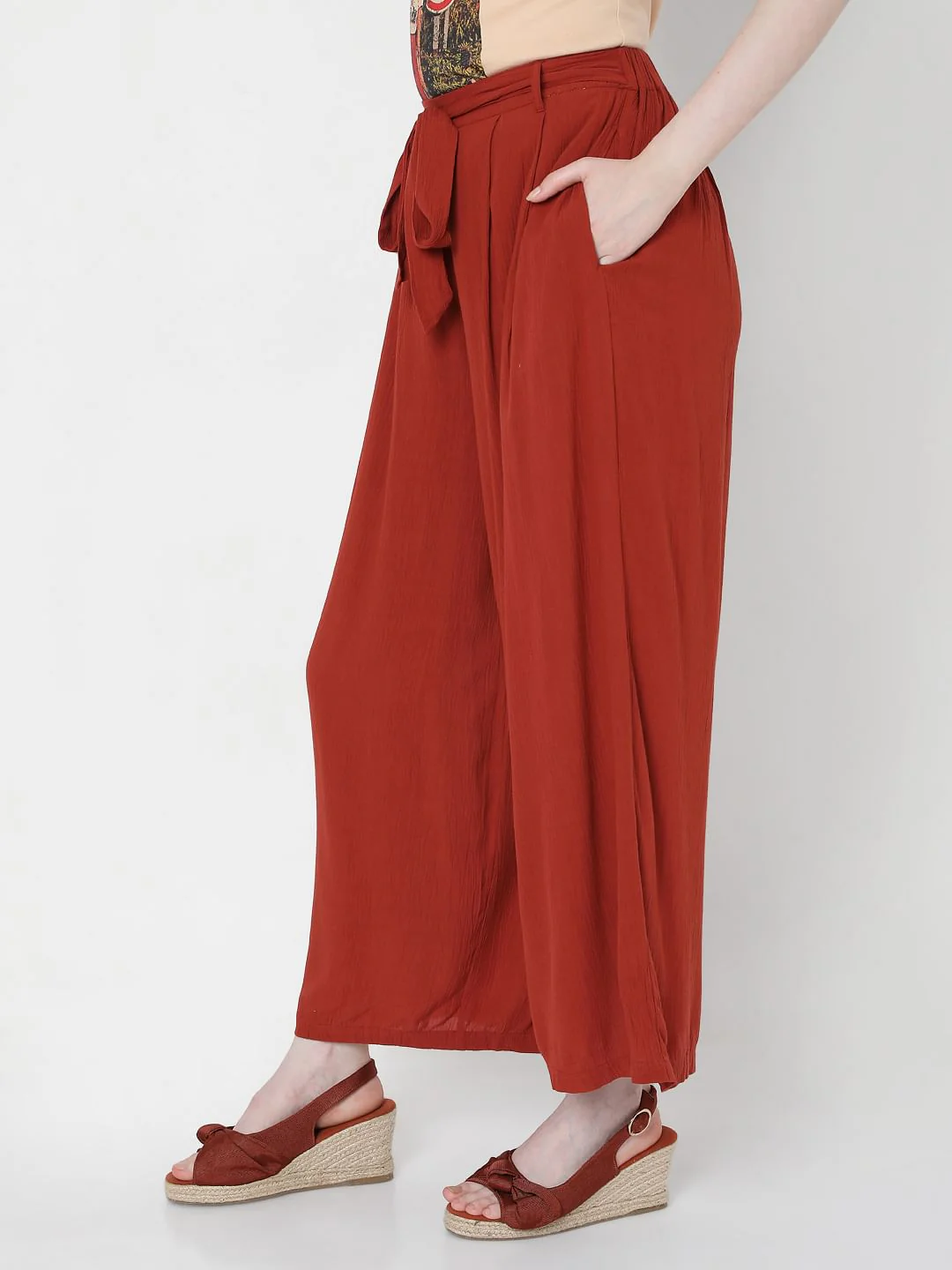 Brick Red High Rise Tie Up Palazzo Pants - Image 3