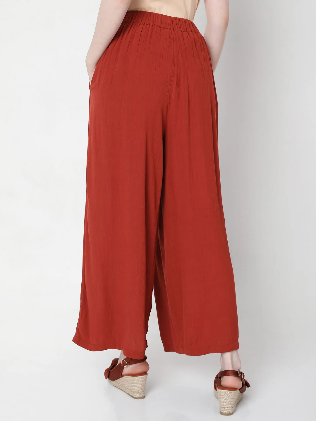 Brick Red High Rise Tie Up Palazzo Pants - Image 4