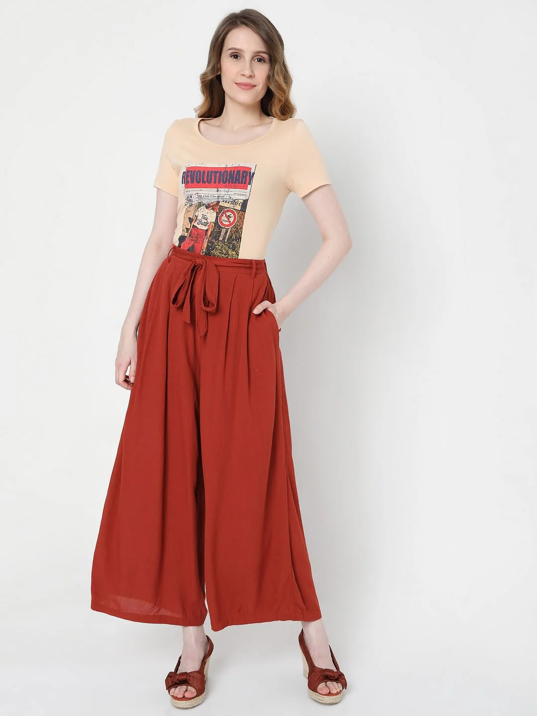 Brick Red High Rise Tie Up Palazzo Pants - Image 6