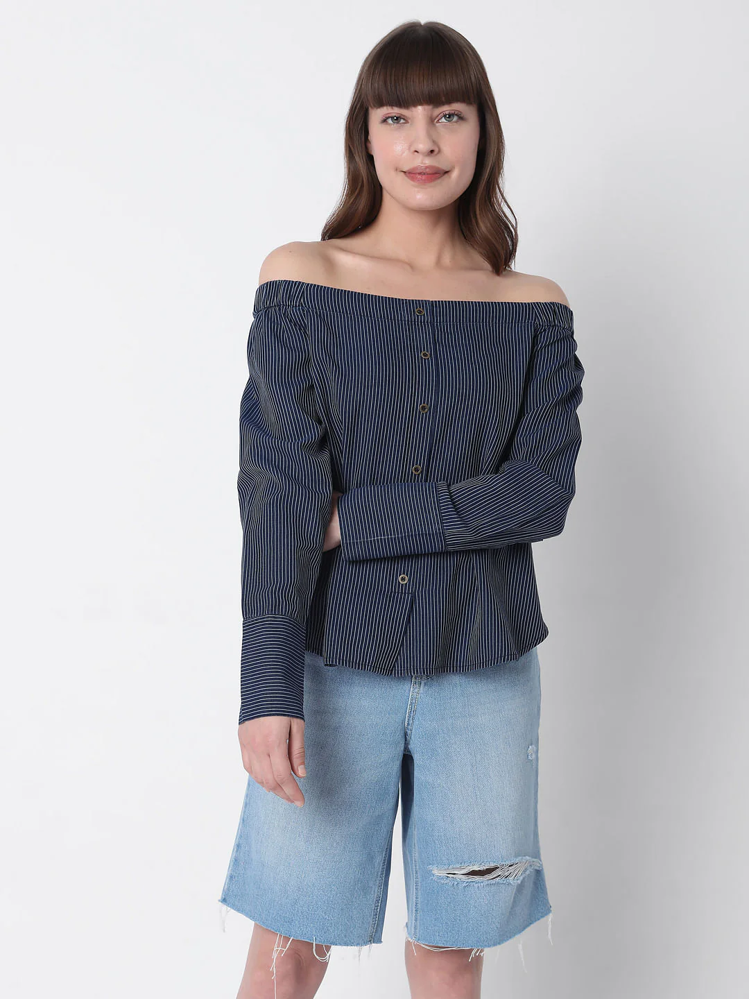 Blue Off Shoulder Striped Top - Image 2