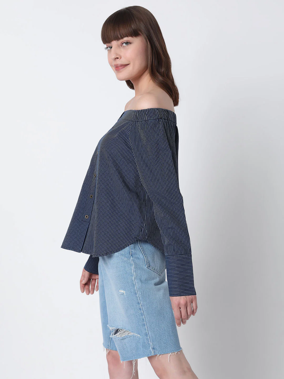 Blue Off Shoulder Striped Top - Image 3