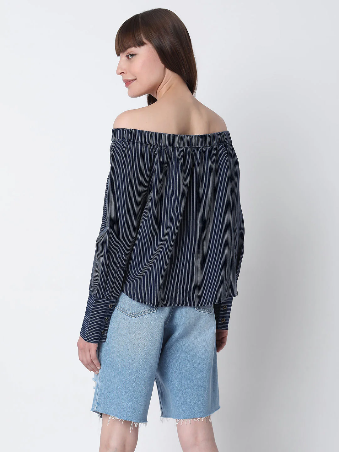 Blue Off Shoulder Striped Top - Image 4