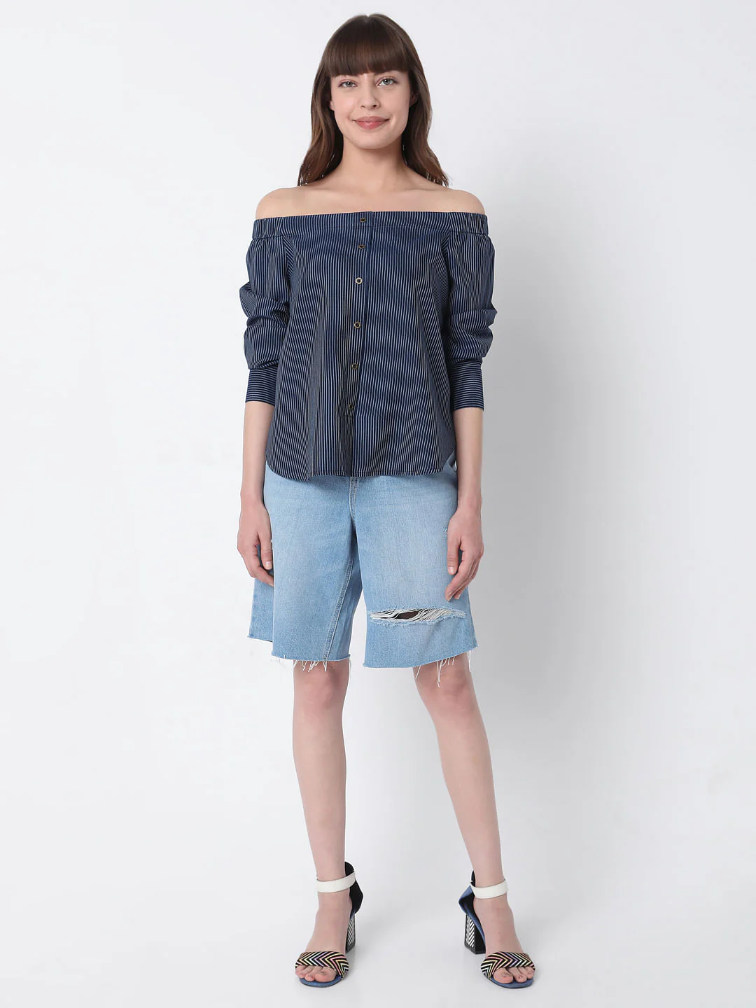 Blue Off Shoulder Striped Top - Image 5