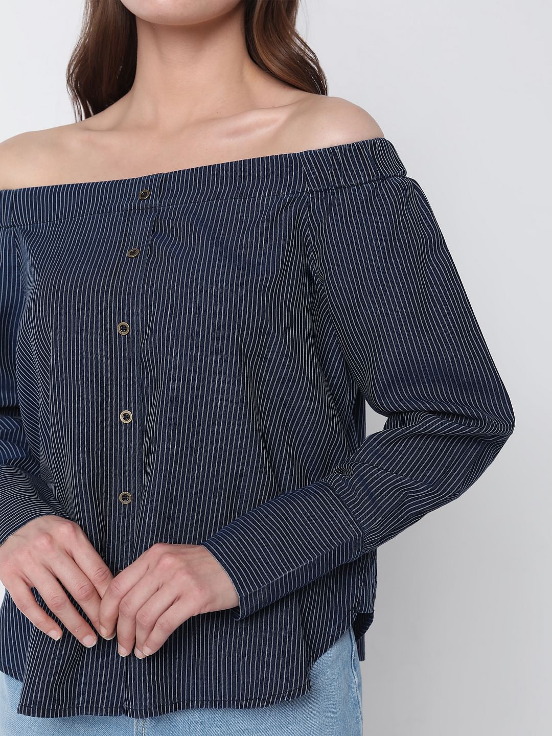 Blue Off Shoulder Striped Top - Image 6