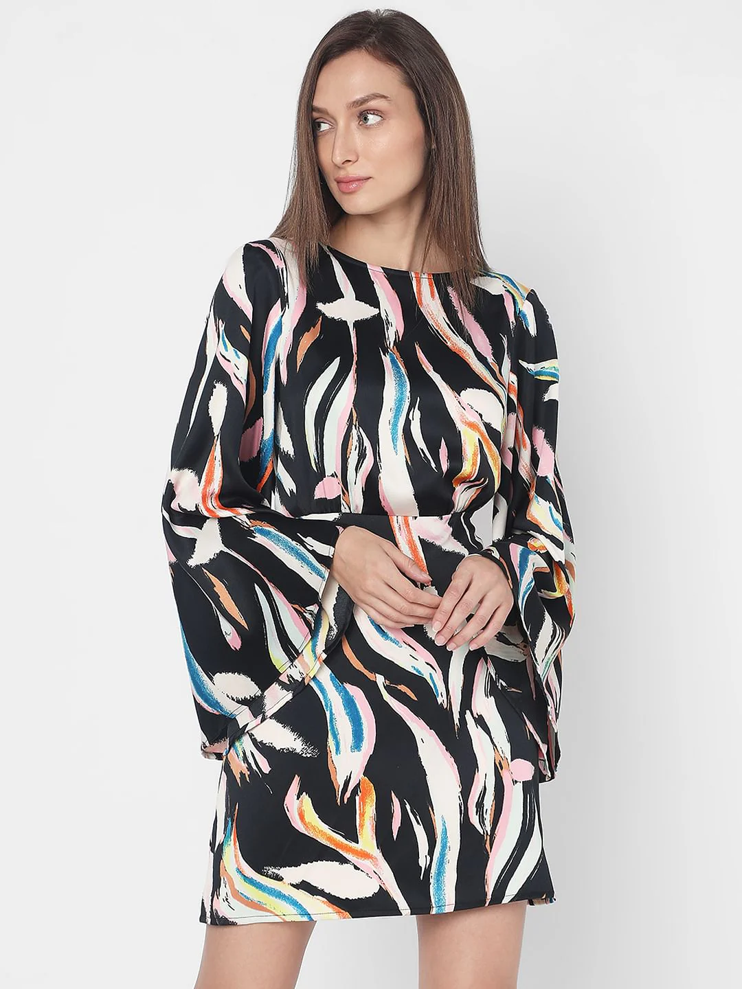 Black Satin Printed Shift Dress - Image 2
