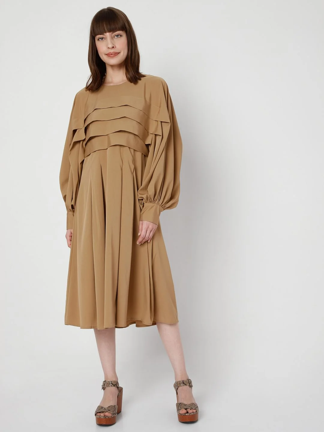 Brown Pleated Fit & Flare Dress - Image 2