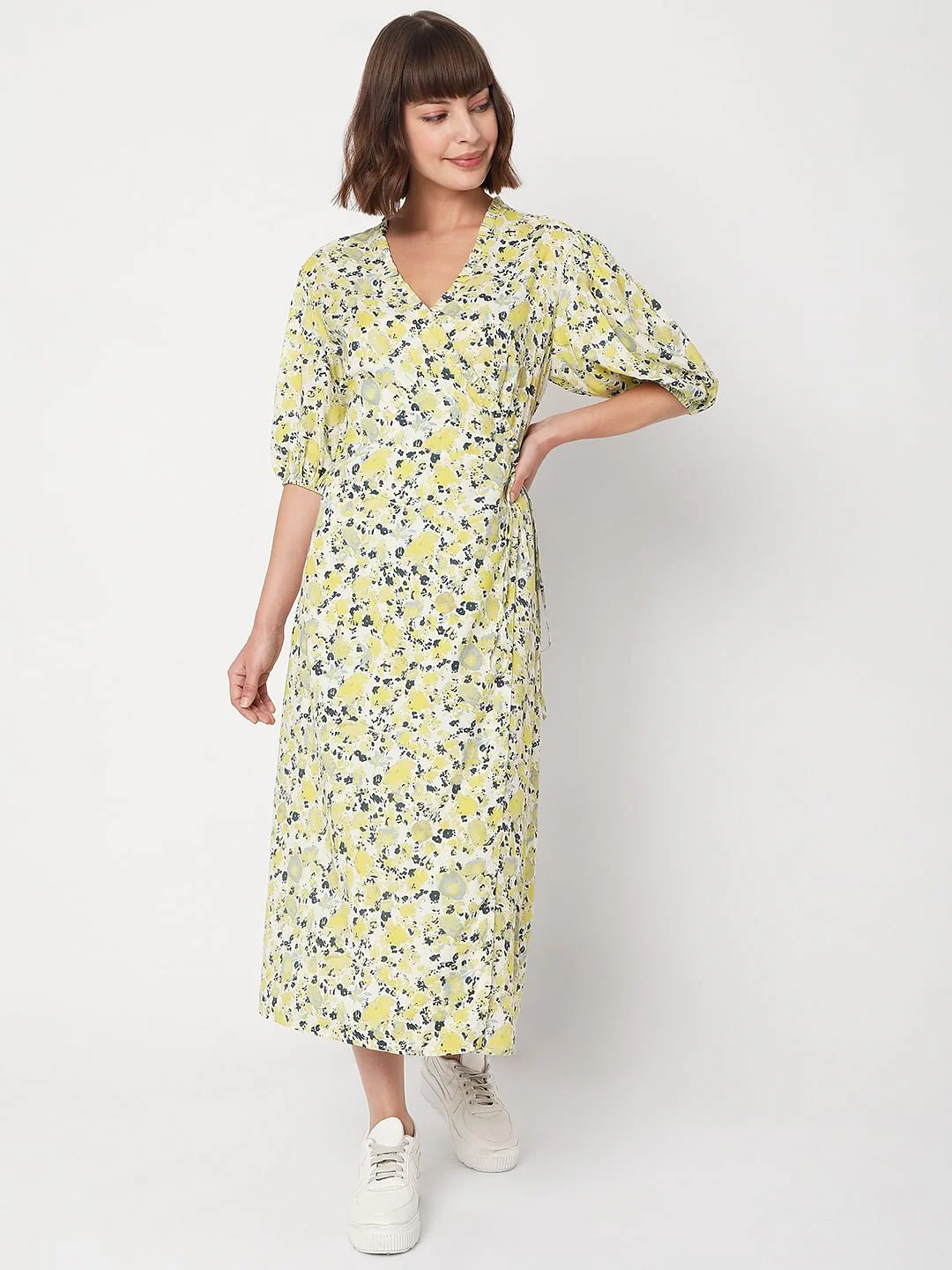 Yellow Floral Wrap Dress - Image 2