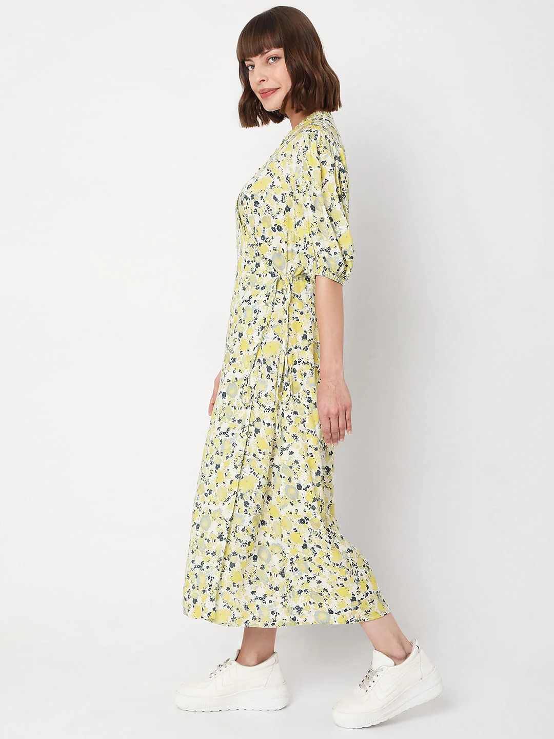Yellow Floral Wrap Dress - Image 3