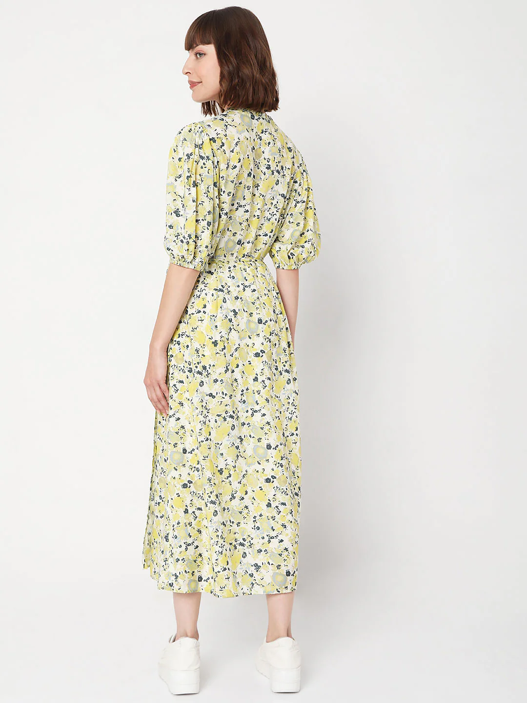 Yellow Floral Wrap Dress - Image 4