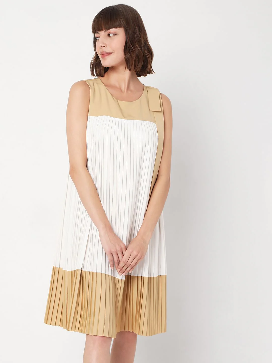 Beige Pleated Dress - Image 2