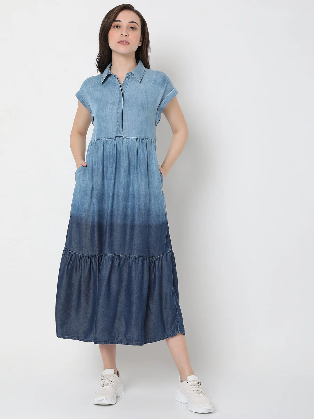 Blue Colourblocked Denim Midi Dress - Image 2