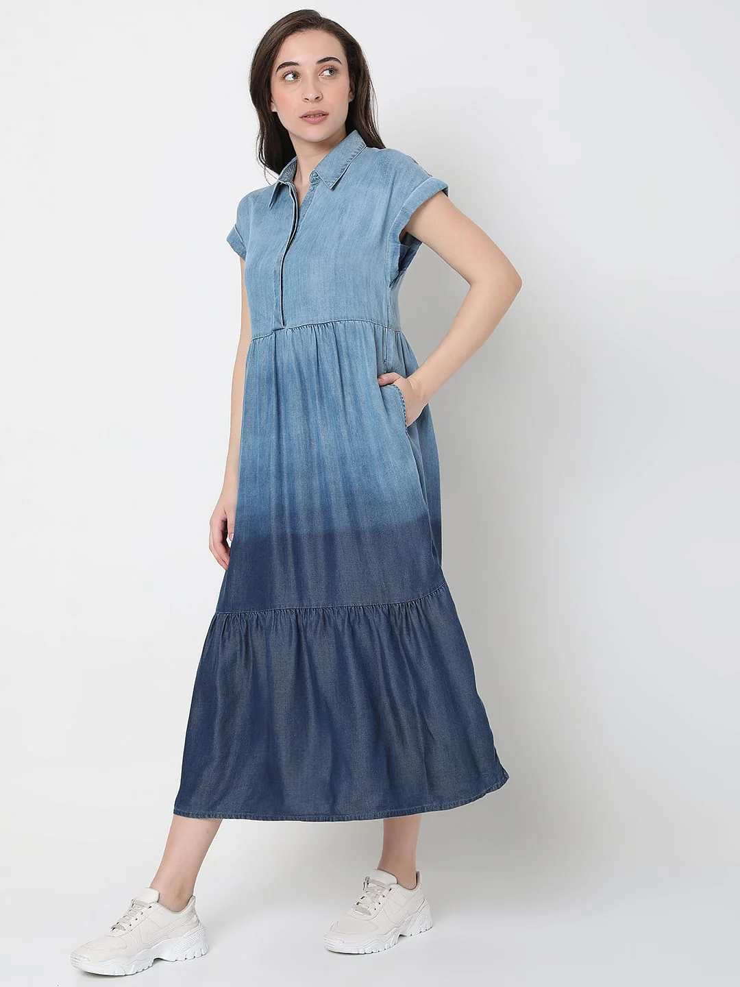 Blue Colourblocked Denim Midi Dress - Image 3
