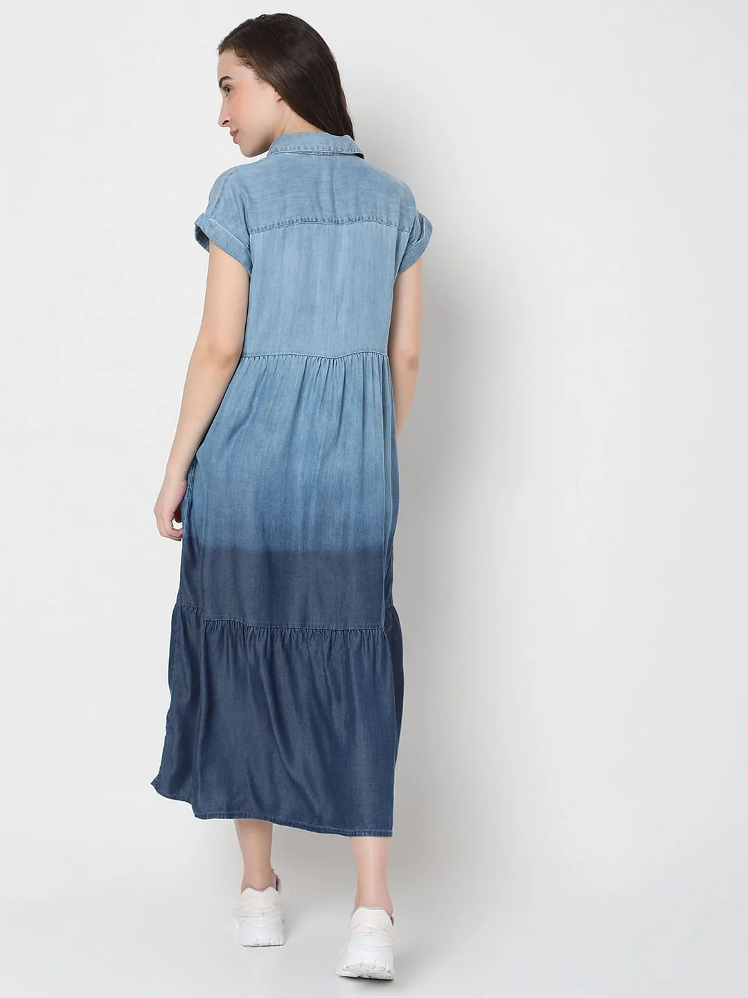 Blue Colourblocked Denim Midi Dress - Image 4