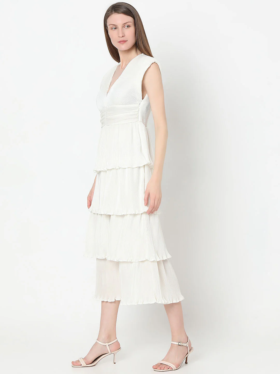 White Textured Tiered Dress - Image 3
