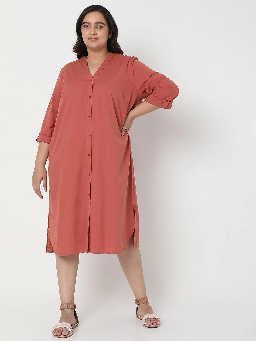 Curve Red Linen Shift Midi Dress - Image 2