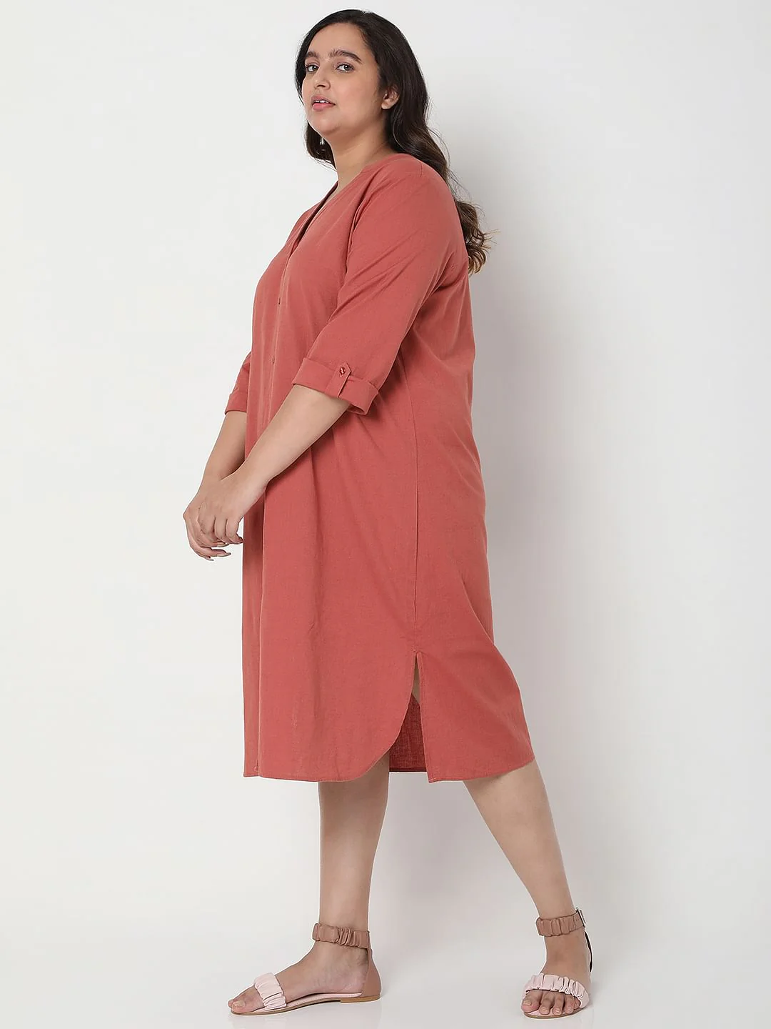 Curve Red Linen Shift Midi Dress - Image 3