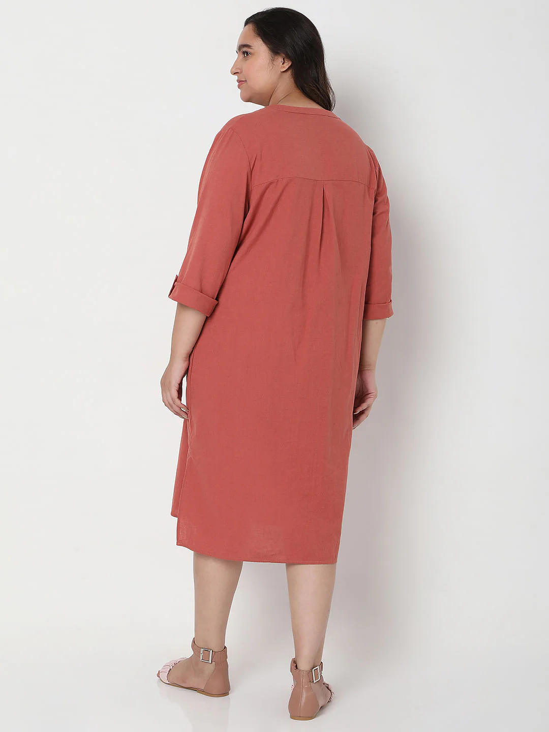 Curve Red Linen Shift Midi Dress - Image 4