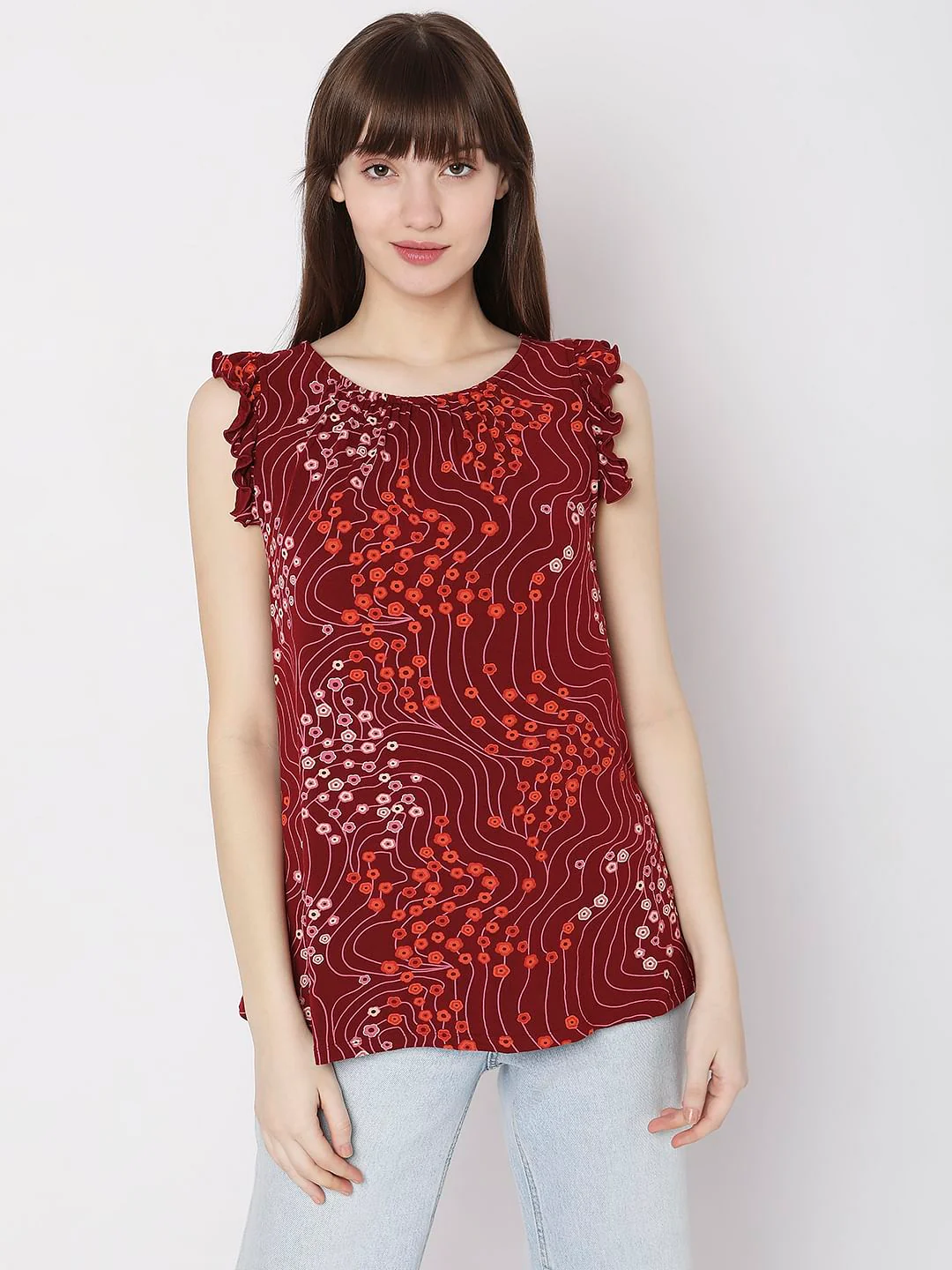 Red Printed Ruffle Detail Top - Image 2