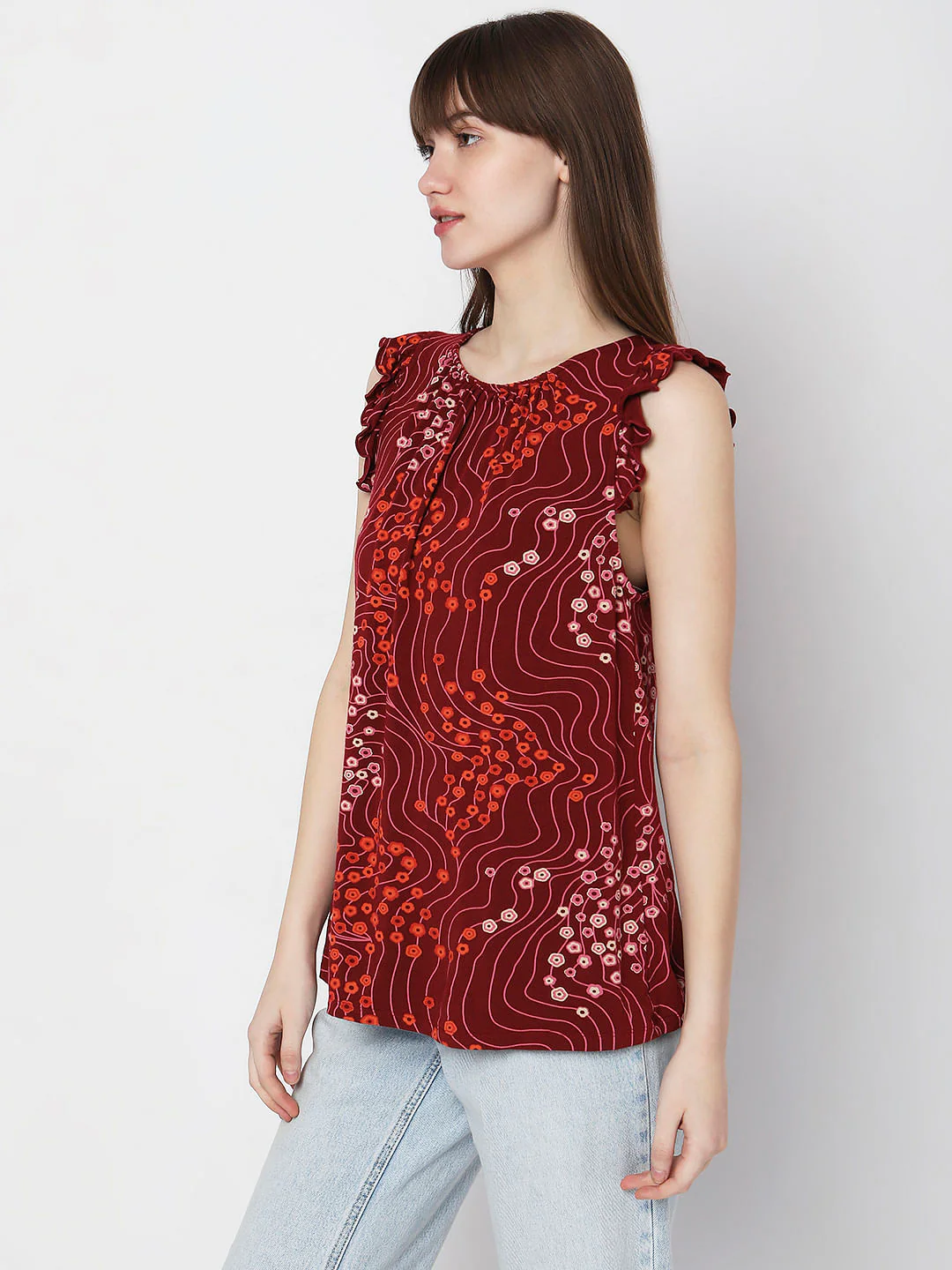 Red Printed Ruffle Detail Top - Image 3