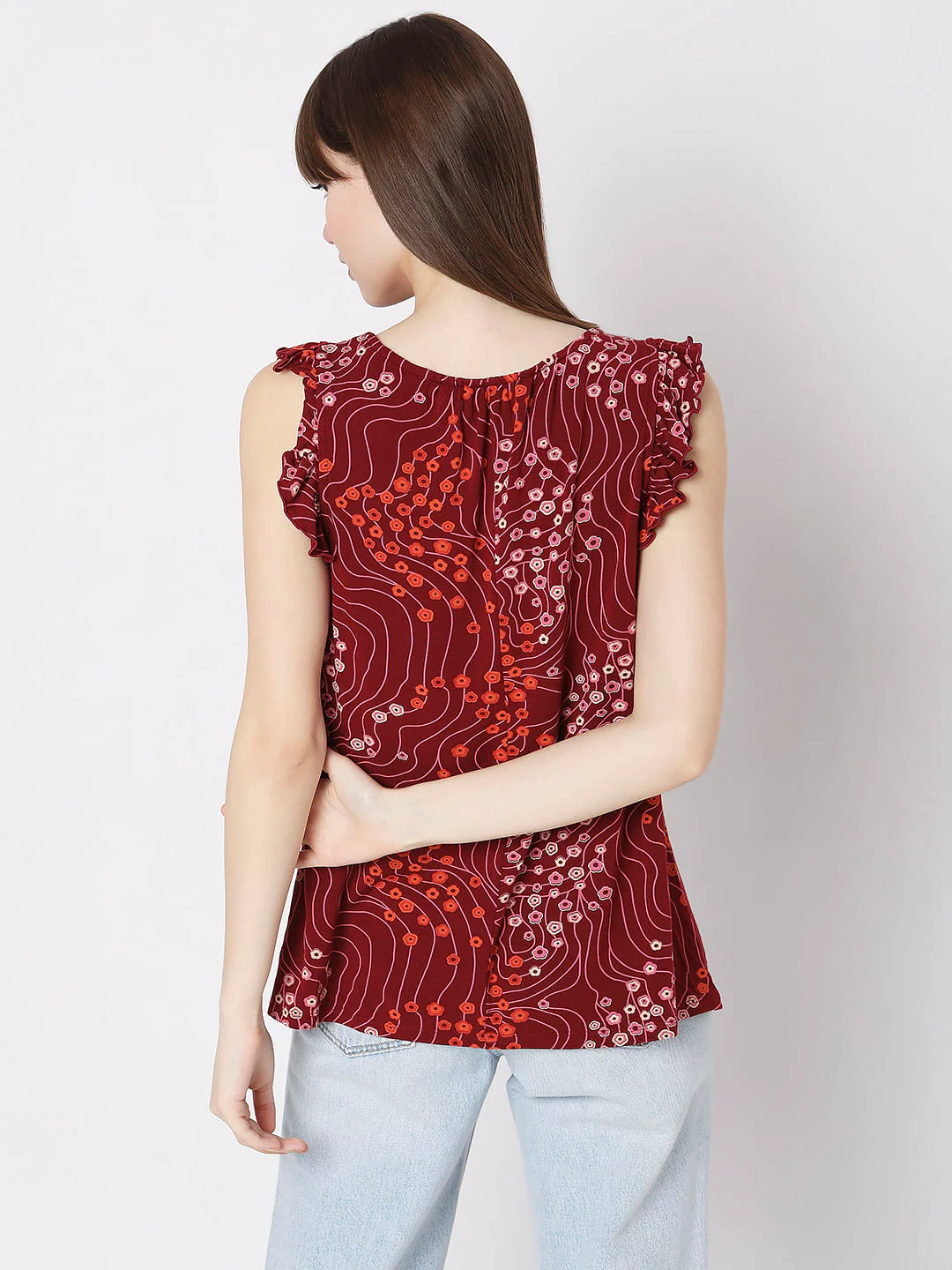 Red Printed Ruffle Detail Top - Image 4