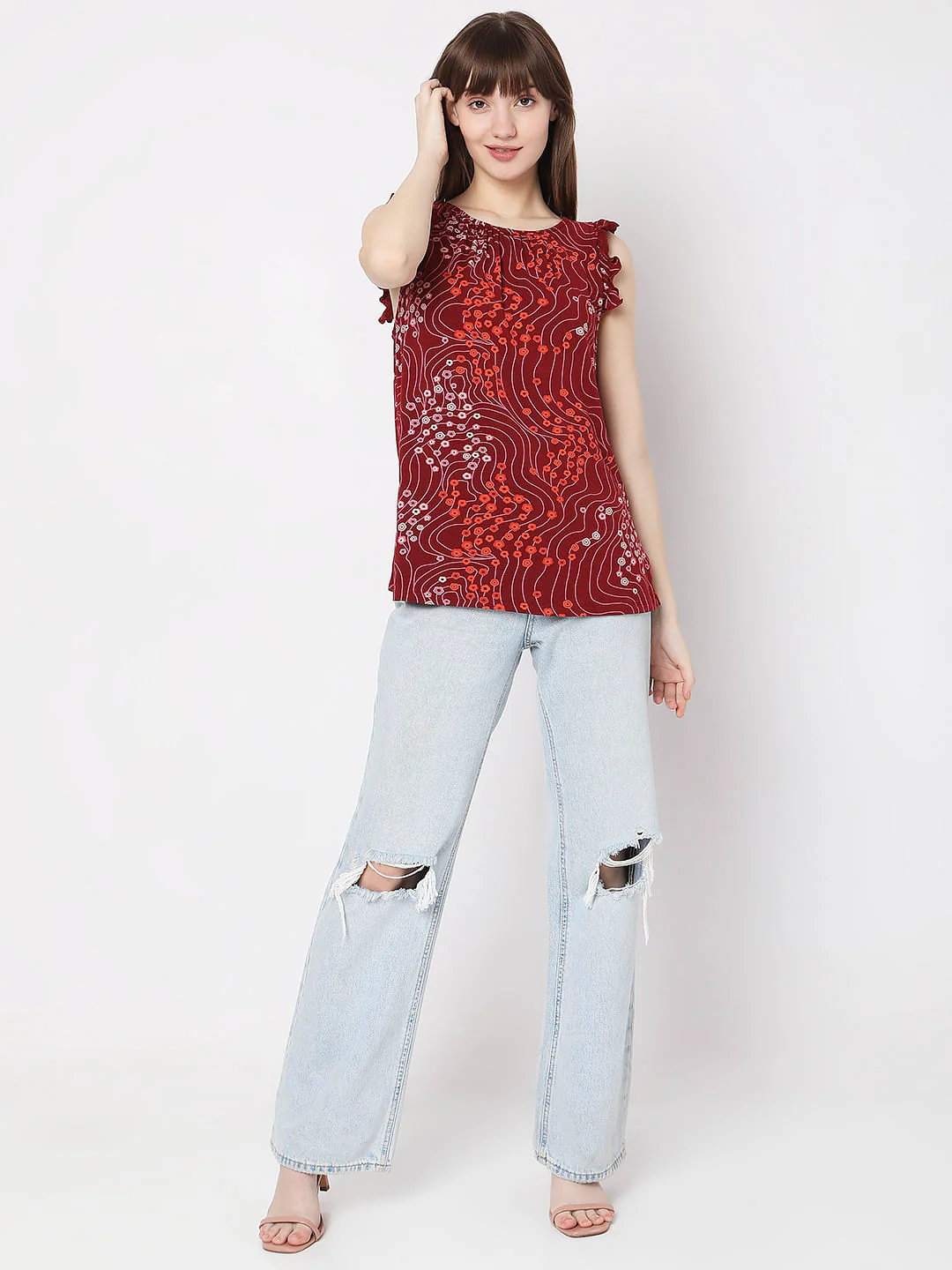 Red Printed Ruffle Detail Top - Image 5