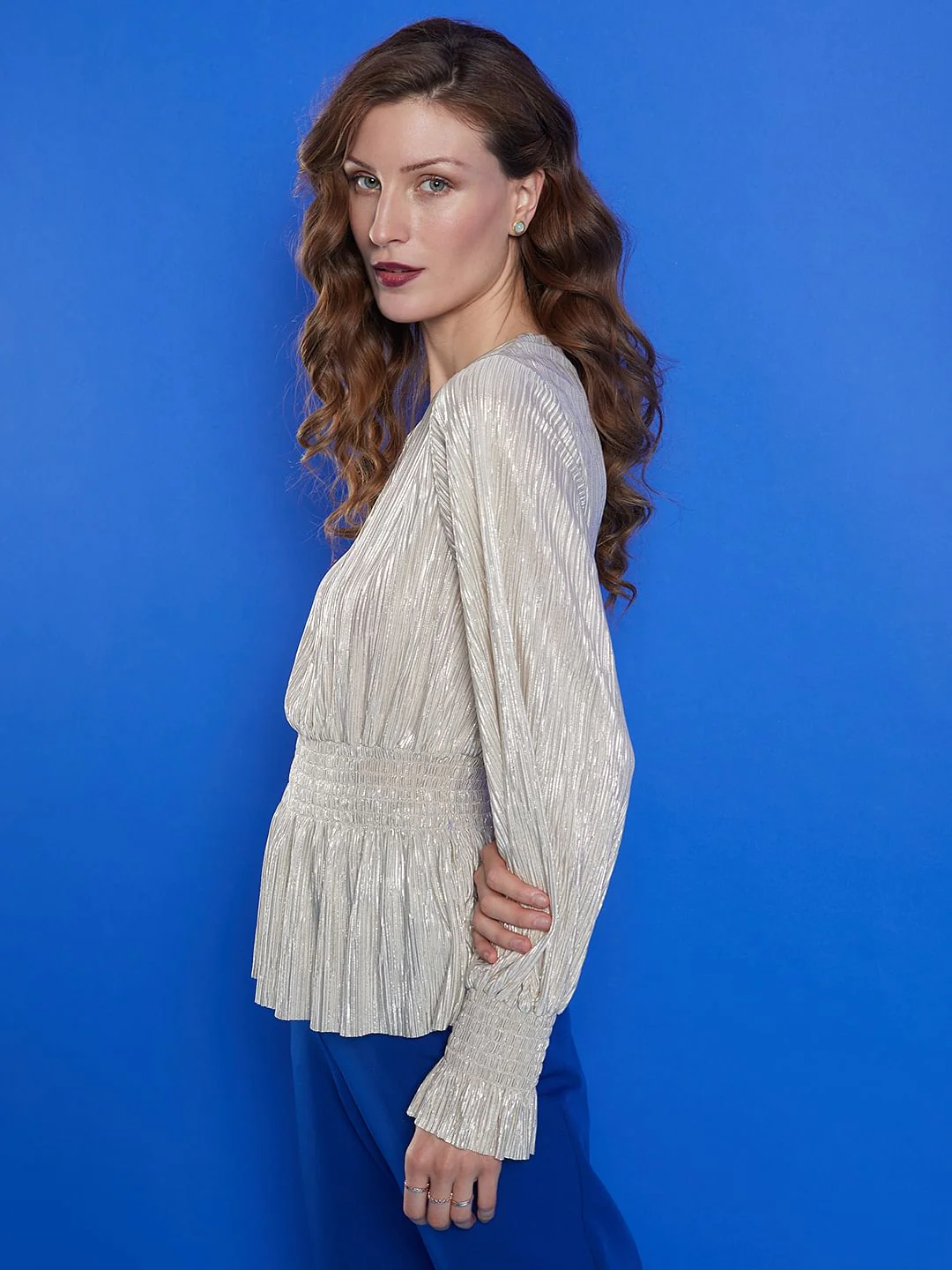 Marquee Beige Pleated Shimmer Top - Image 3