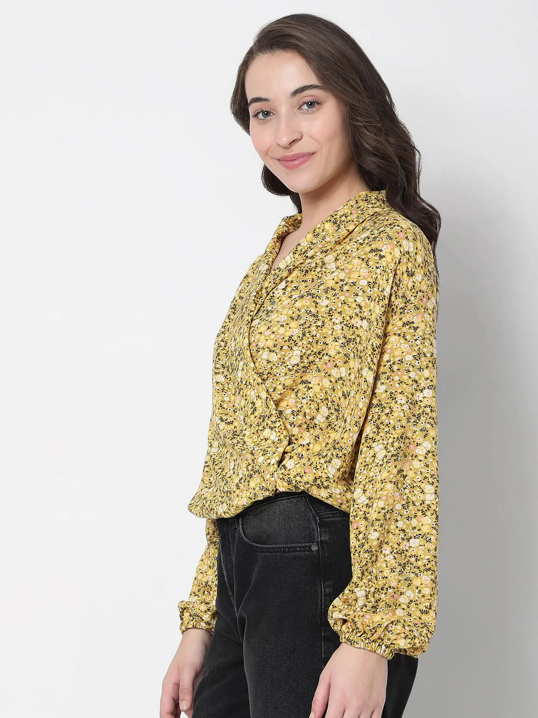 Yellow Floral Wrap Top - Image 3