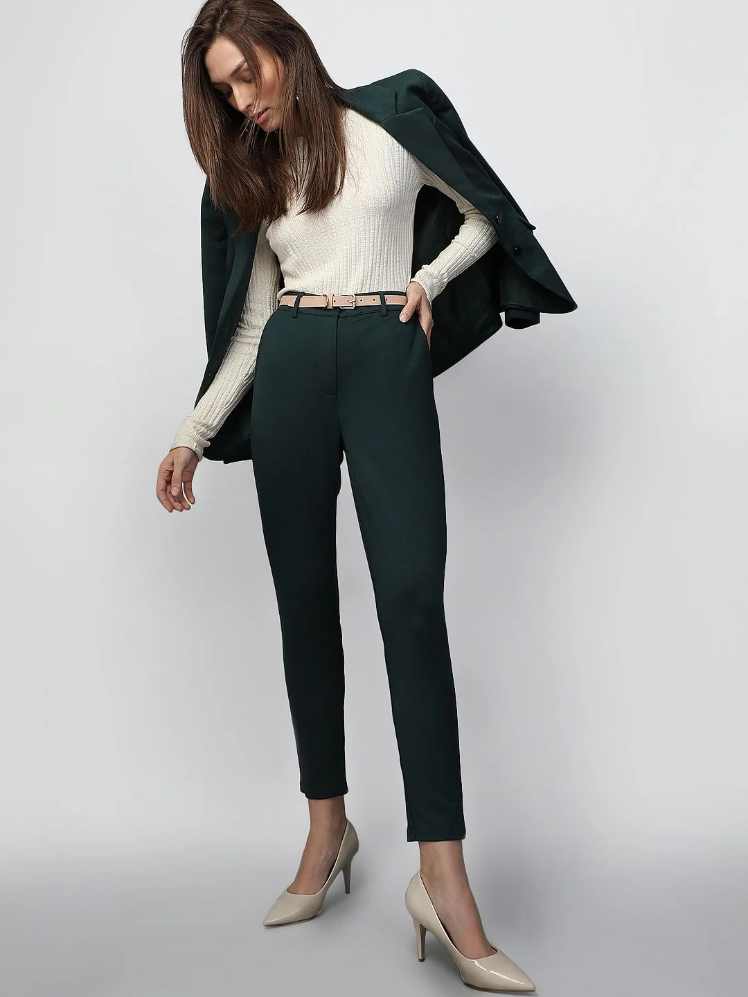 Dark Green Mid Rise Tailored Trousers