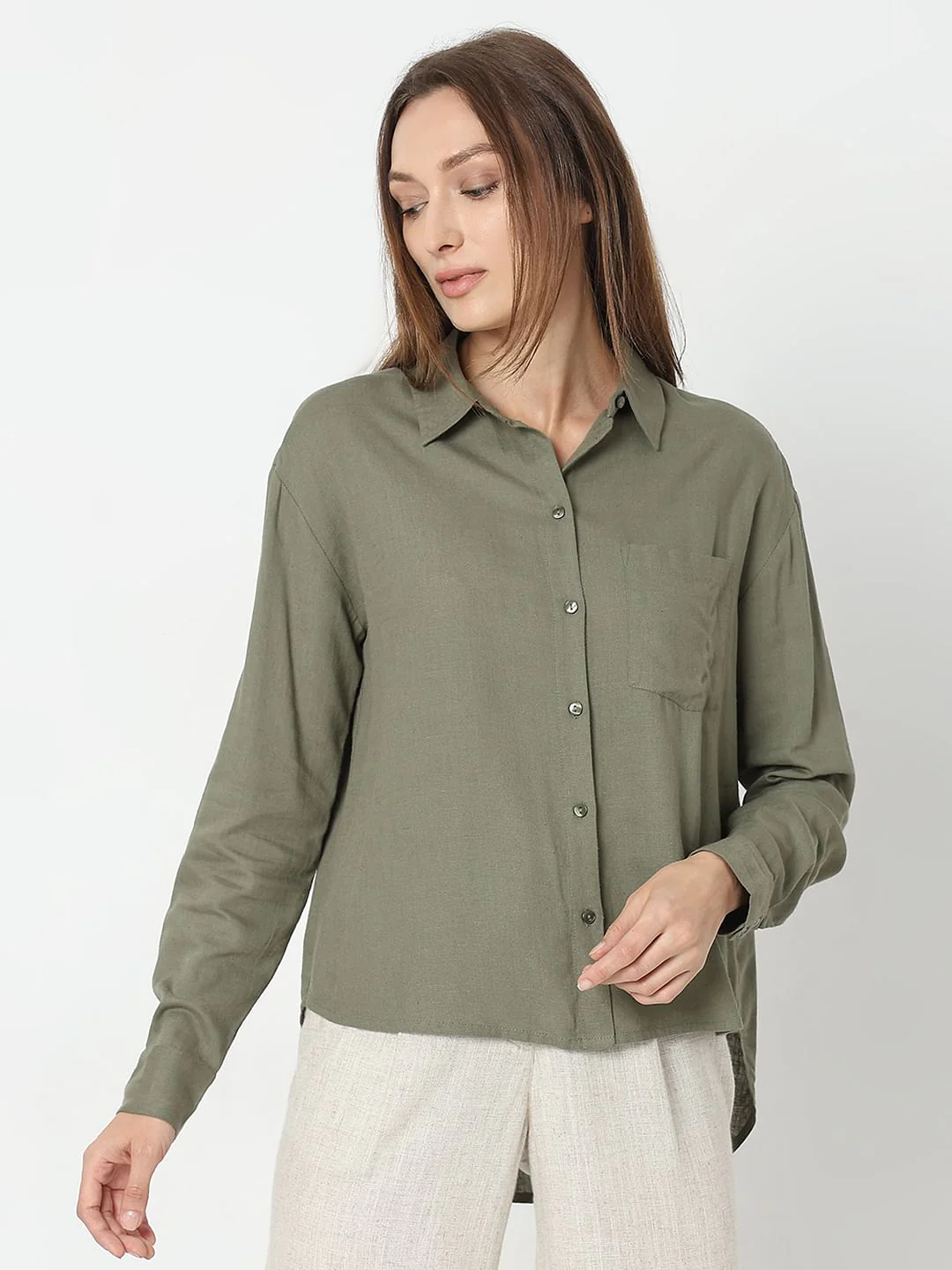 Green Linen Regular Fit Shirt - Image 2