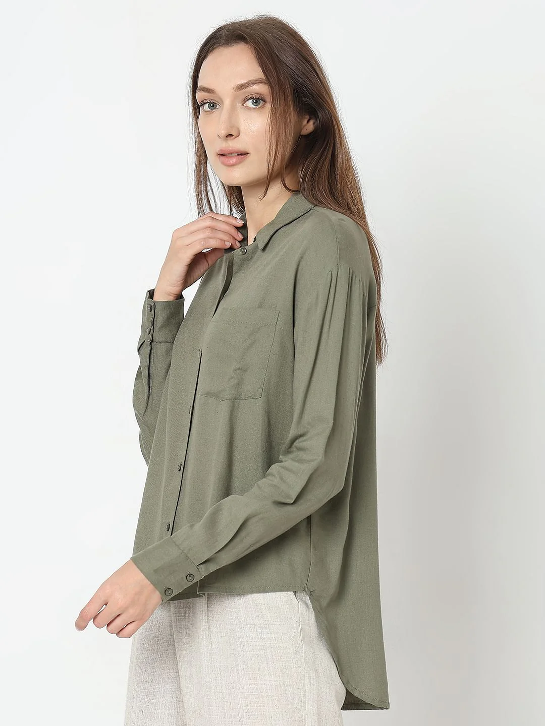 Green Linen Regular Fit Shirt - Image 3