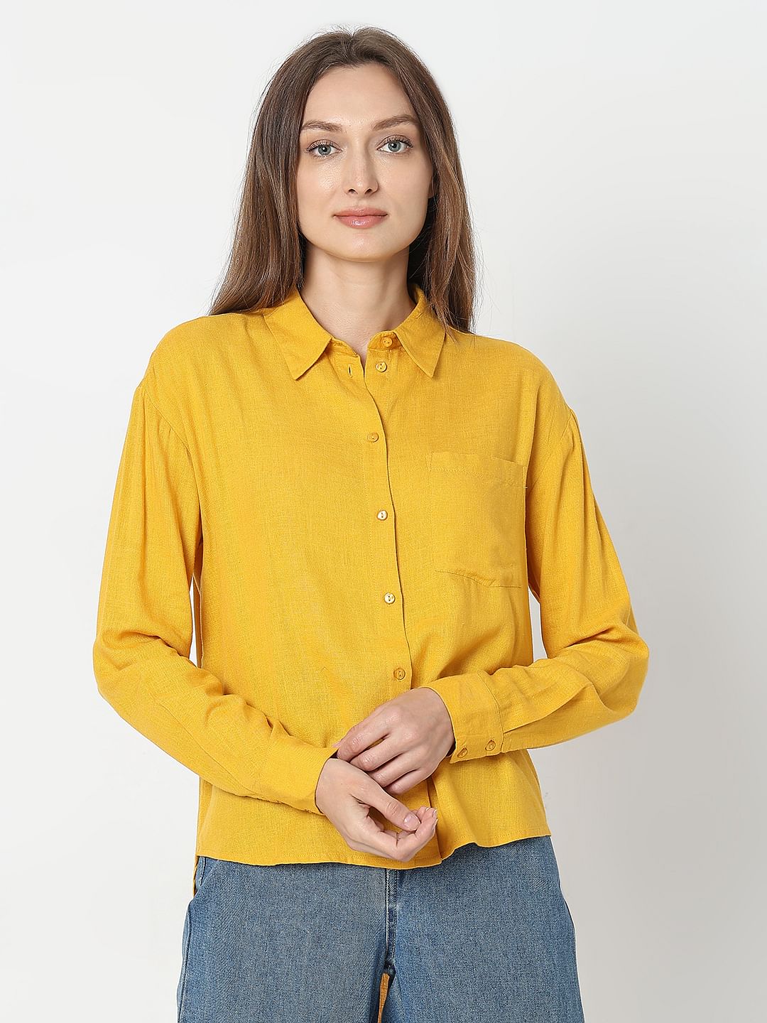 Yellow Linen Regular Fit Shirt - Image 2