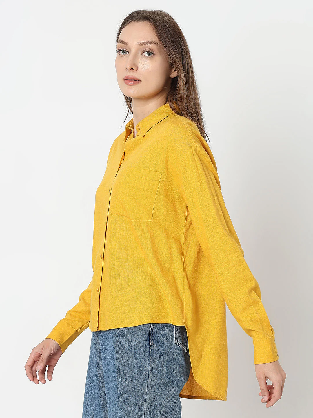 Yellow Linen Regular Fit Shirt - Image 3