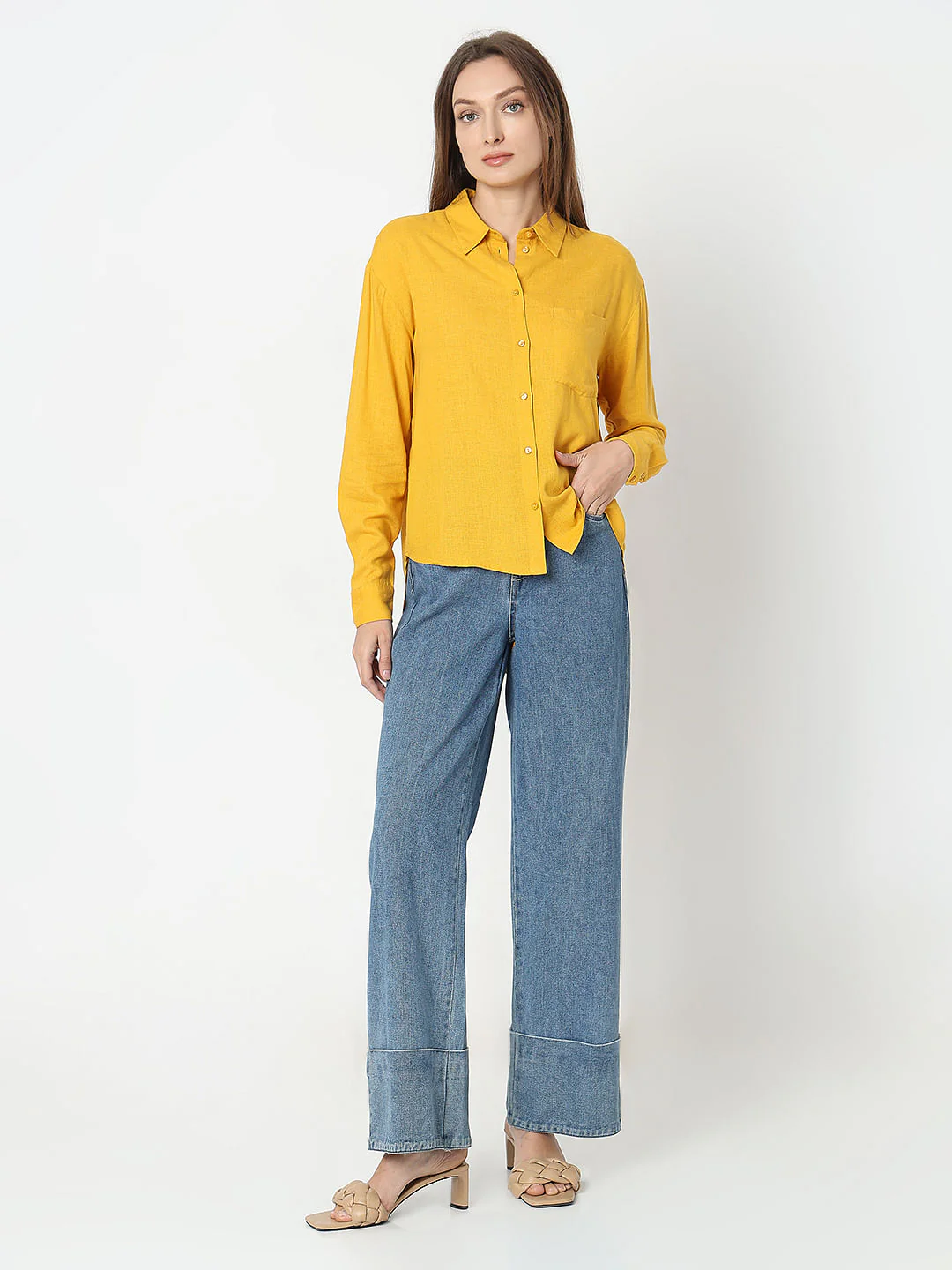 Yellow Linen Regular Fit Shirt - Image 5