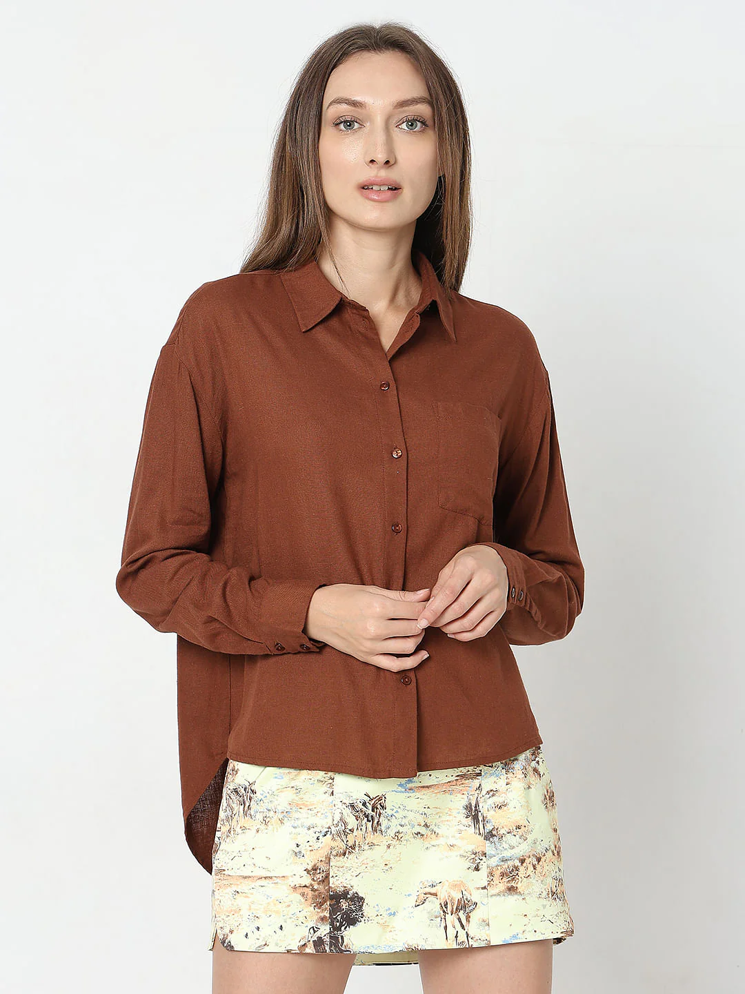 Dark Brown Linen Regular Fit Shirt - Image 2
