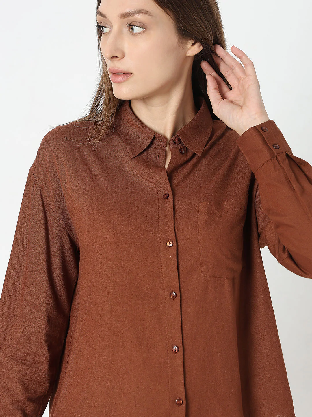 Dark Brown Linen Regular Fit Shirt - Image 6