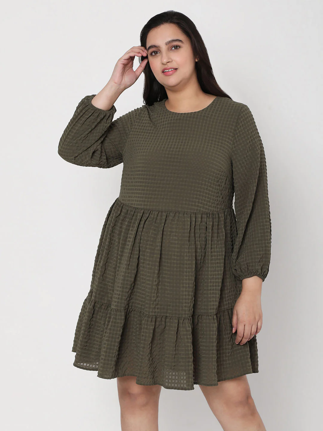 Curve Green Textured Tiered Dress - Image 2