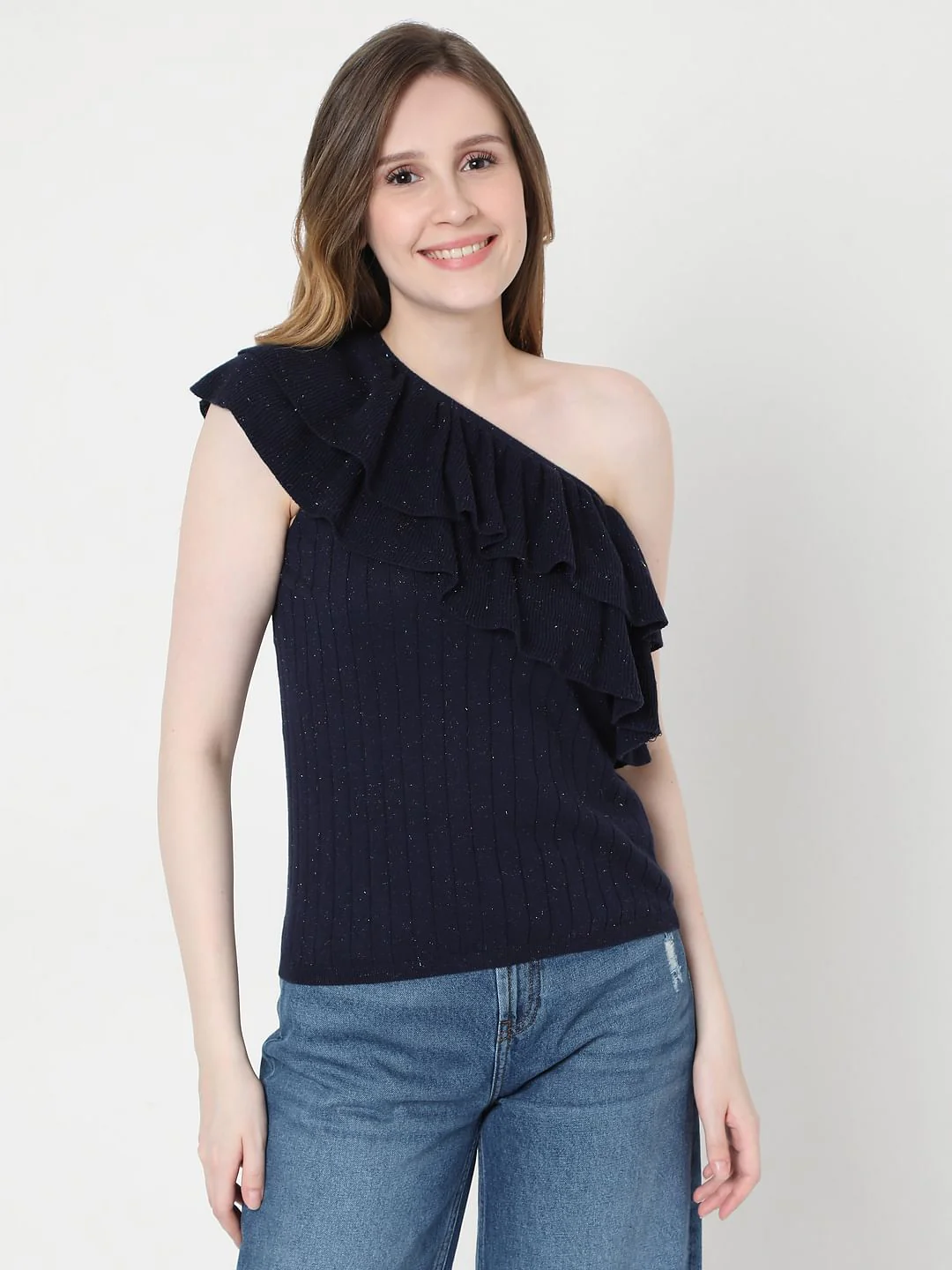 Dark Blue One Shoulder Knit Top - Image 2